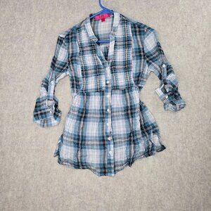 Fashion Factory Womens Plaid Button-Down Blue/White Tunic Shirt 100% Cotton